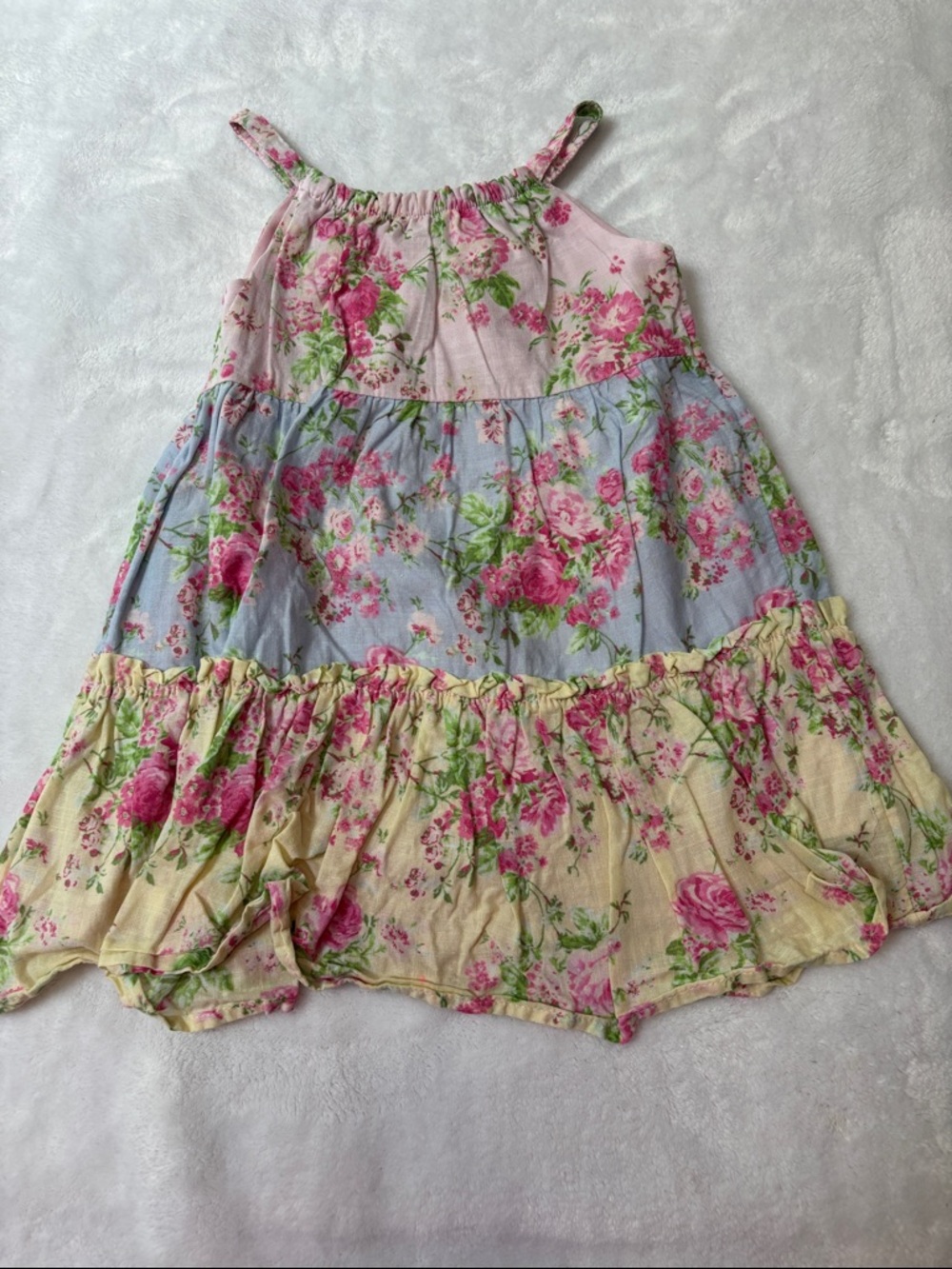 Shabby Chic Pink Floral Tiered Dress with Green Accents